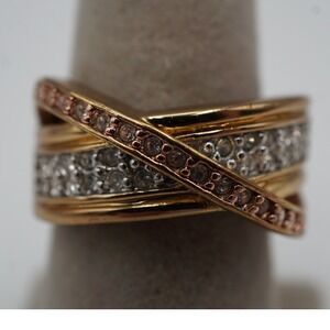 NV Tri-Tone Crossover Pavé Crystal Statement Ring Gold Rose Silver Tone Size 8.5